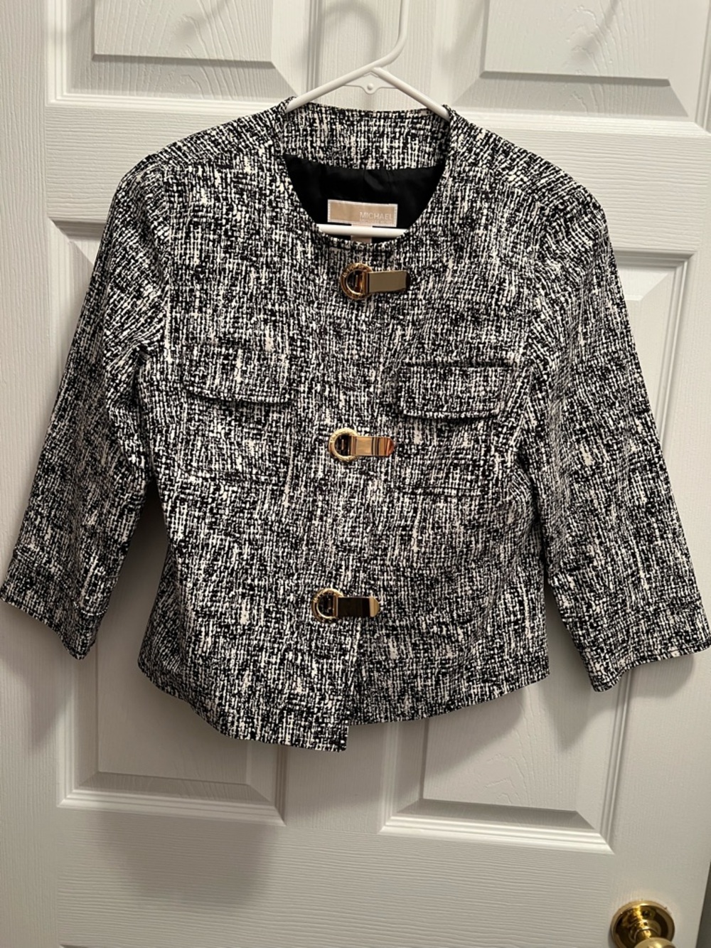 MICHAEL Michael Kors Black & White Tweed Jacket with Gold Buckles